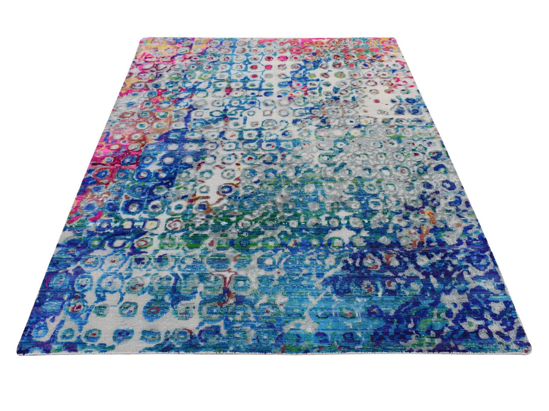 5'1" x 7'0" New Hand Knotted Blue Wool & Sari Silk Rectangle Oriental Rug - MOA10287169