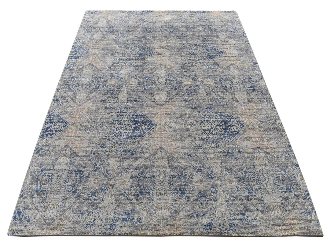 4'9" x 7'0" New Hand Knotted Grey Wool & Silk Rectangle Oriental Rug - MOA10287170