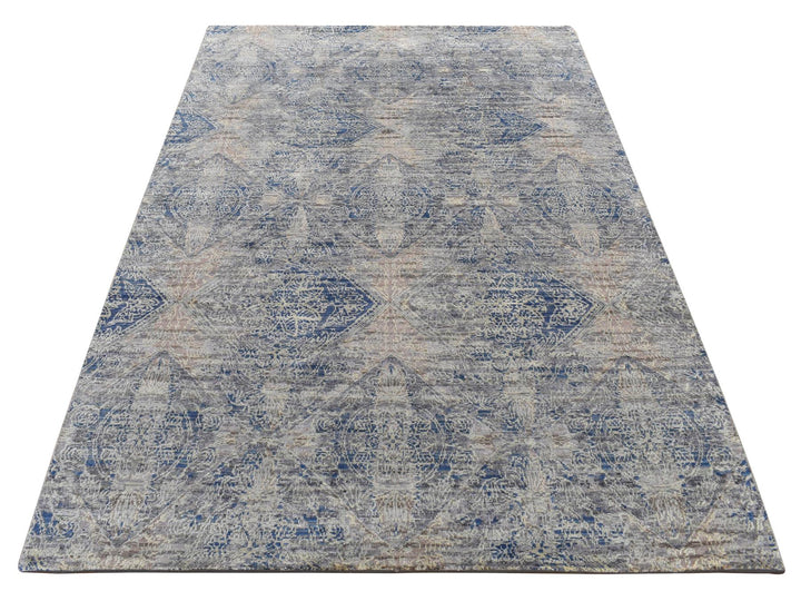 4'9" x 7'0" New Hand Knotted Grey Wool & Silk Rectangle Oriental Rug - MOA10287170