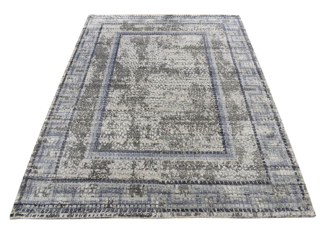5'2" x 6'10" New Hand Knotted Grey Wool & Silk Rectangle Oriental Rug - MOA10287177