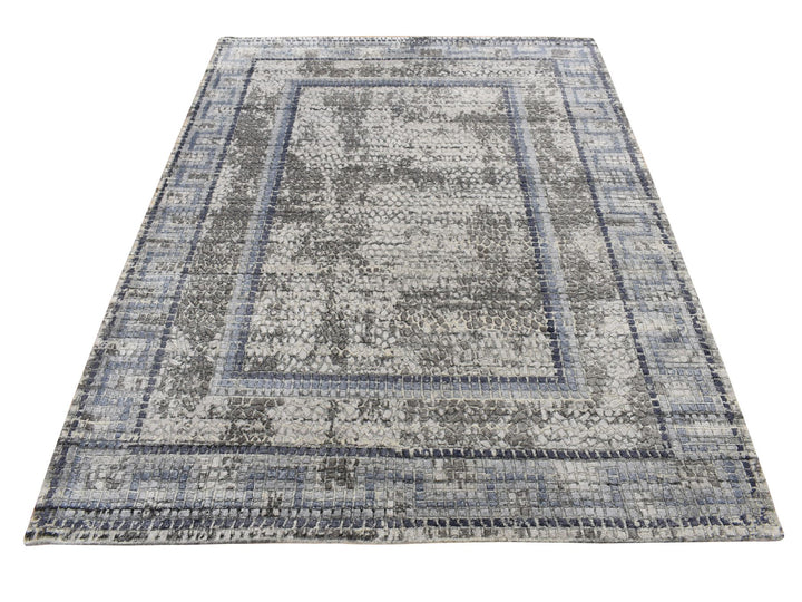 5'2" x 6'10" New Hand Knotted Grey Wool & Silk Rectangle Oriental Rug - MOA10287177