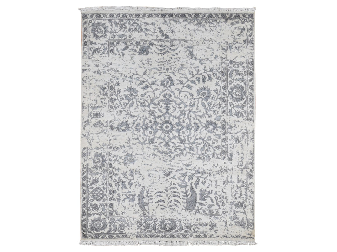 5'2" x 7'0" New Hand Knotted Ivory Silk Rectangle Oriental Rug - MOA10287191