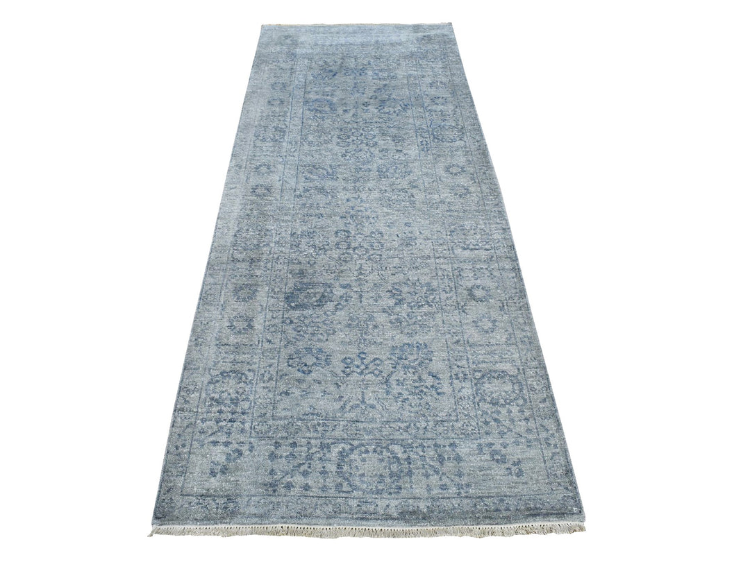 3'1" x 8'3" New Hand Knotted Grey Wool & Silk Runner Oriental Rug - MOA10287201