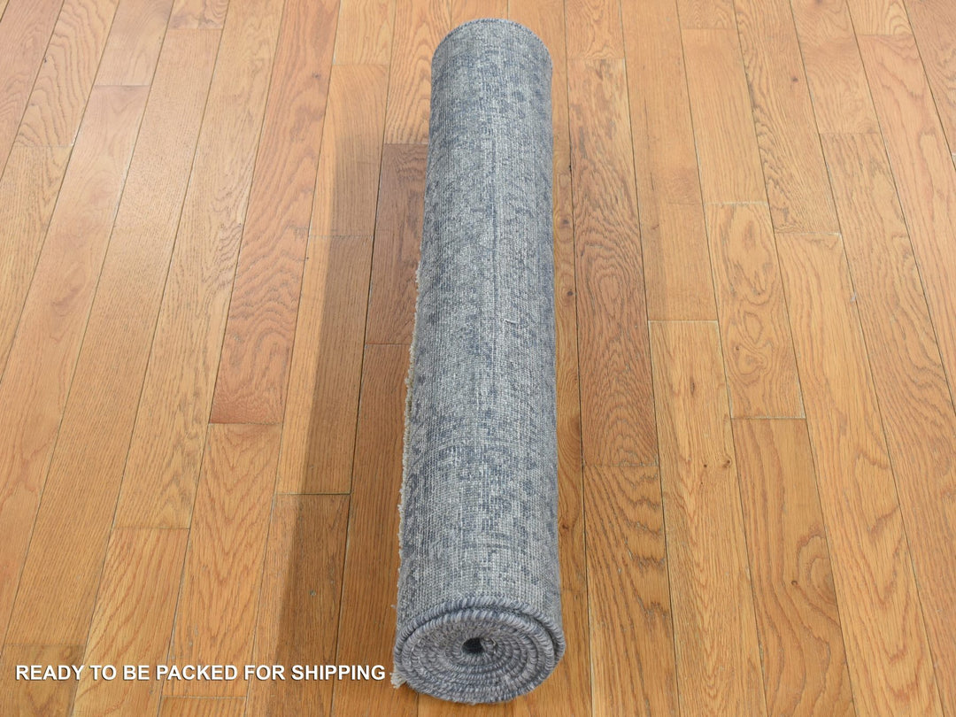 3'1" x 8'3" New Hand Knotted Grey Wool & Silk Runner Oriental Rug - MOA10287201