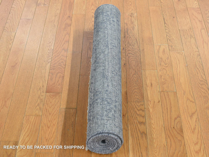 3'1" x 8'3" New Hand Knotted Grey Wool & Silk Runner Oriental Rug - MOA10287201