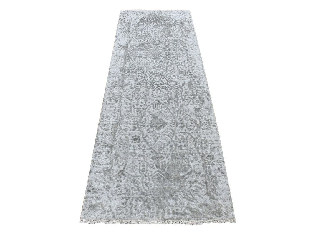2'7" x 8'0" New Hand Knotted Grey Wool & Silk Runner Oriental Rug - MOA10287203