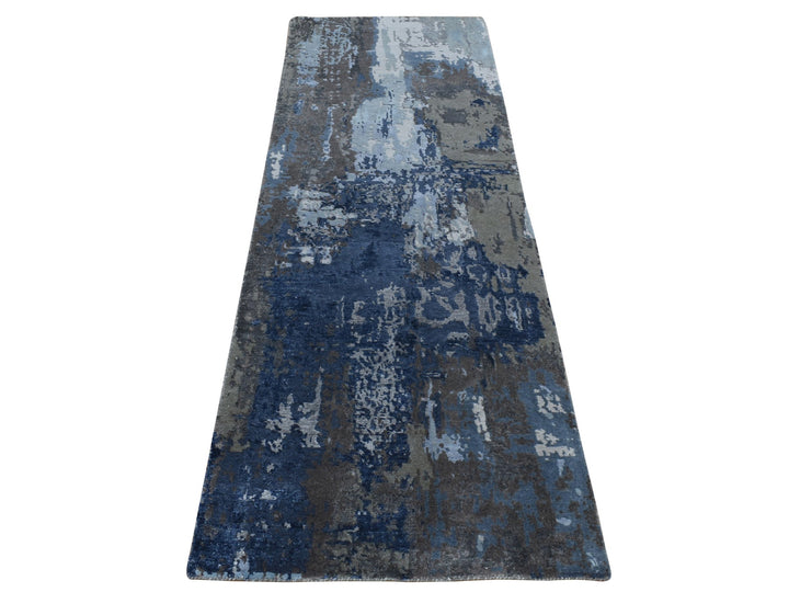 2'8" x 8'1" New Hand Knotted Blue Wool & Silk Runner Oriental Rug - MOA10287208