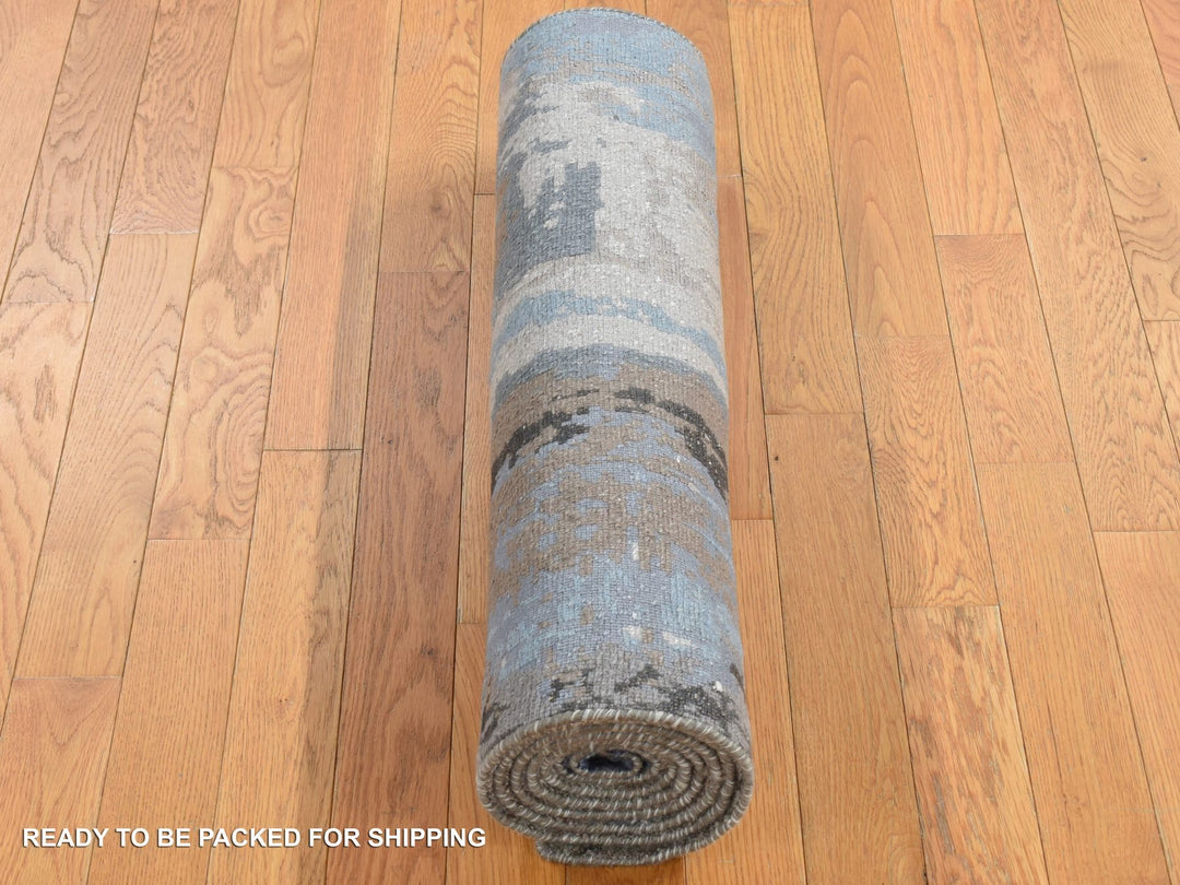 2'8" x 8'1" New Hand Knotted Blue Wool & Silk Runner Oriental Rug - MOA10287208