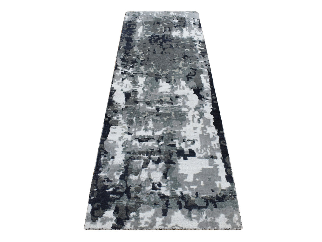 2'6" x 7'7" New Hand Knotted Black Wool & Silk Runner Oriental Rug - MOA10287209