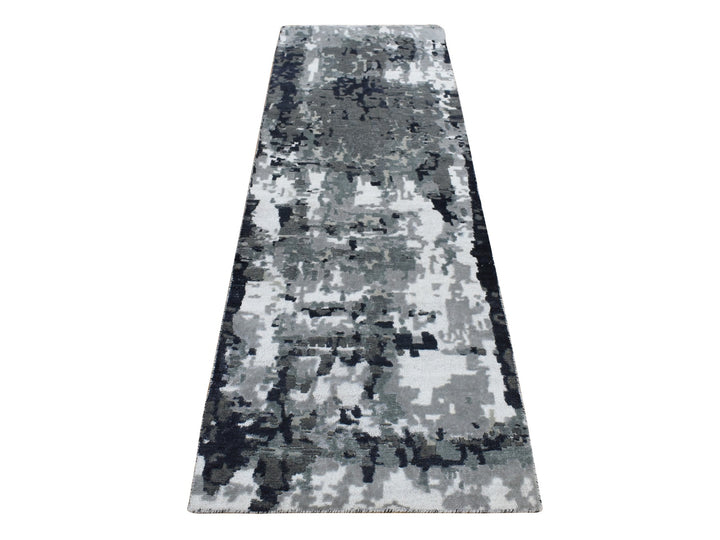 2'6" x 7'7" New Hand Knotted Black Wool & Silk Runner Oriental Rug - MOA10287209