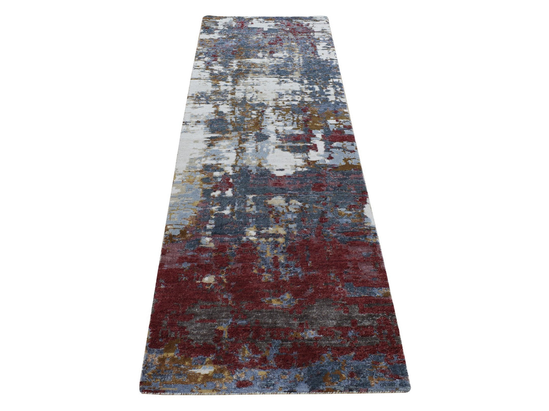 2'7" x 8'1" New Hand Knotted Red Wool & Silk Runner Oriental Rug - MOA10287211