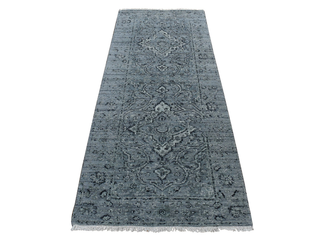 2'9" x 7'10" New Hand Knotted Grey Wool & Silk Runner Oriental Rug - MOA10287212