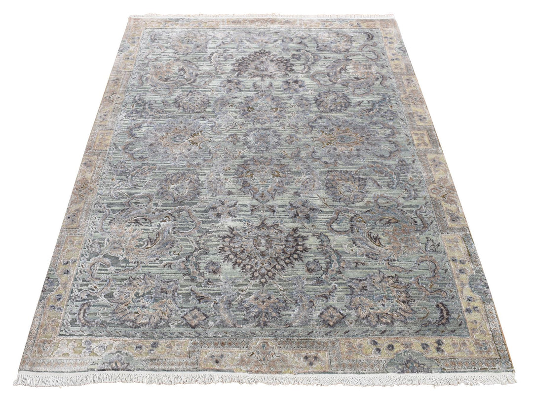 4'1" x 6'2" New Hand Knotted Green Wool & Silk Rectangle Oriental Rug - MOA10287217