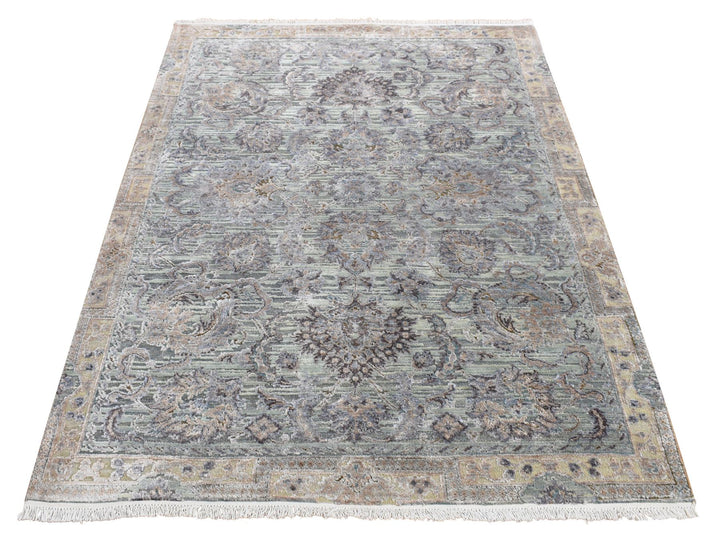 4'1" x 6'2" New Hand Knotted Green Wool & Silk Rectangle Oriental Rug - MOA10287217