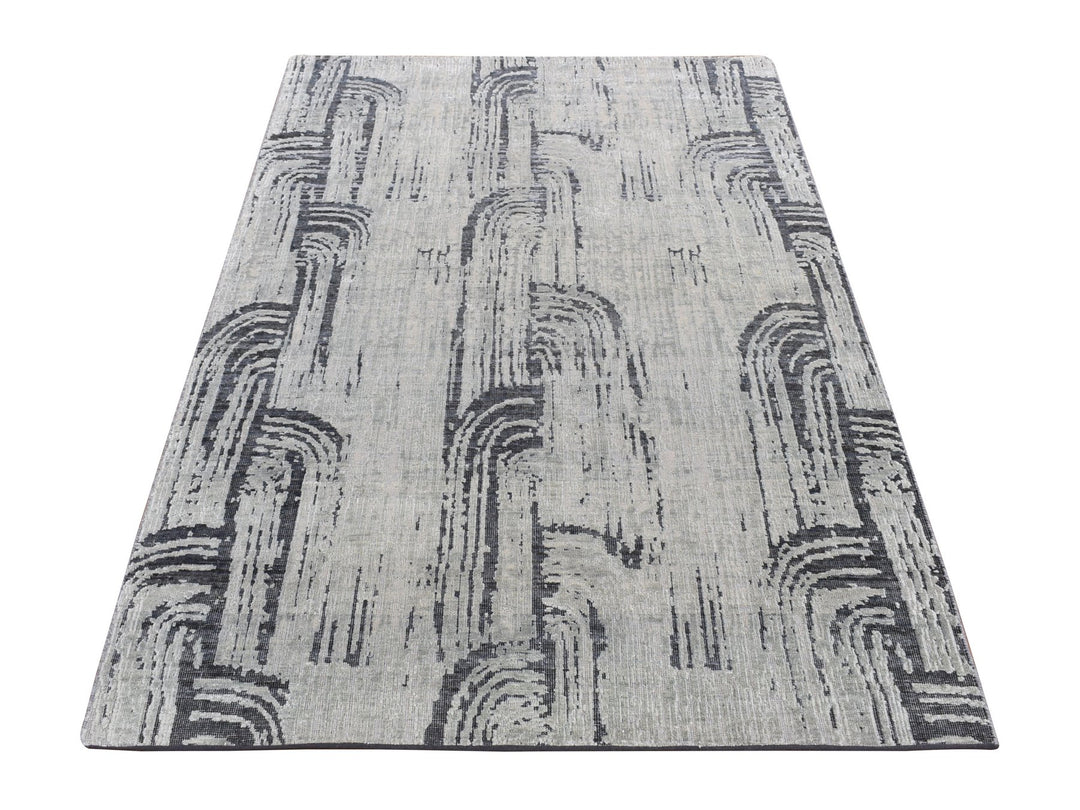 4'0" x 6'3" New Hand Knotted Grey Wool & Silk Rectangle Oriental Rug - MOA10287218
