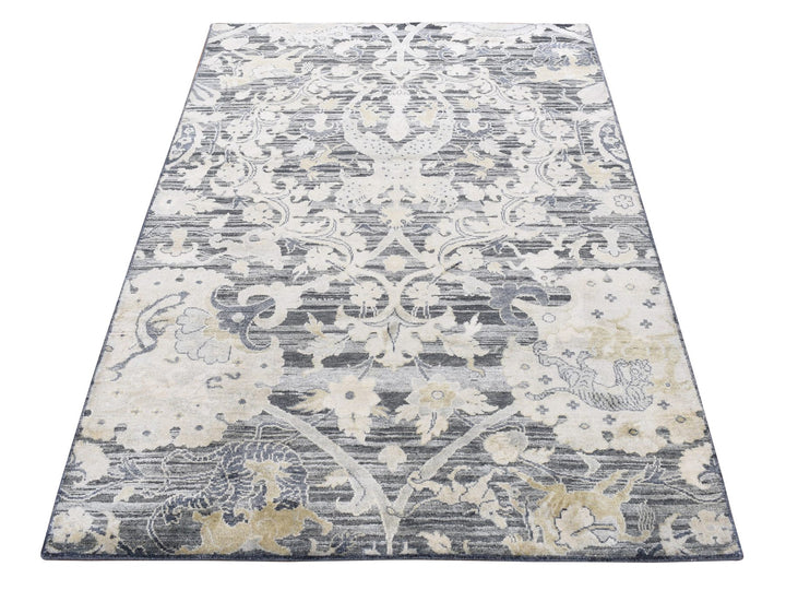 4'0" x 6'3" New Hand Knotted Grey Wool & Silk Rectangle Oriental Rug - MOA10287219