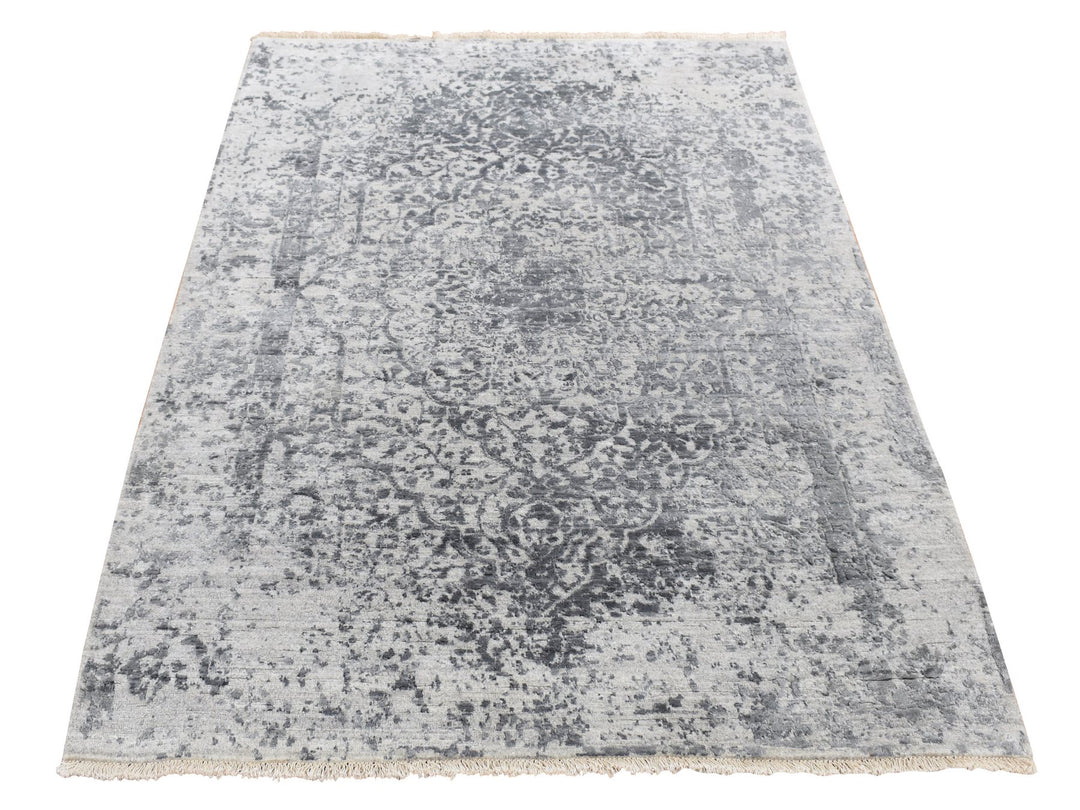 4'1" x 6'0" New Hand Knotted Grey Wool & Silk Rectangle Oriental Rug - MOA10287222