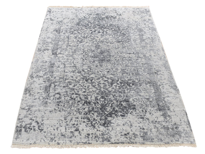 4'1" x 6'0" New Hand Knotted Grey Wool & Silk Rectangle Oriental Rug - MOA10287222