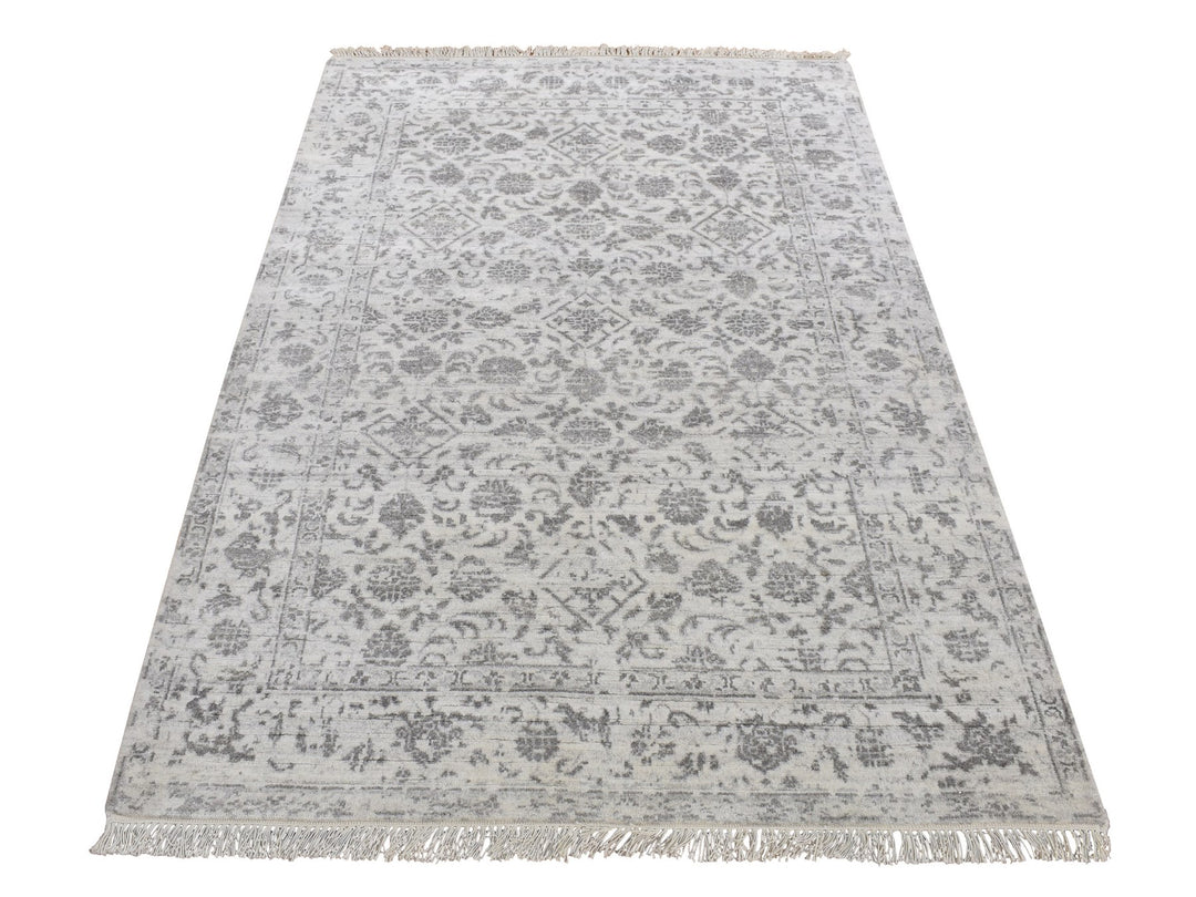 4'1" x 6'2" New Hand Knotted Ivory Wool & Silk Rectangle Oriental Rug - MOA10287223