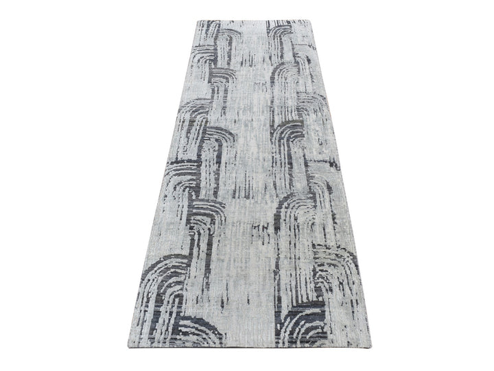 2'7" x 8'0" New Hand Knotted Grey Wool & Silk Runner Oriental Rug - MOA10287227
