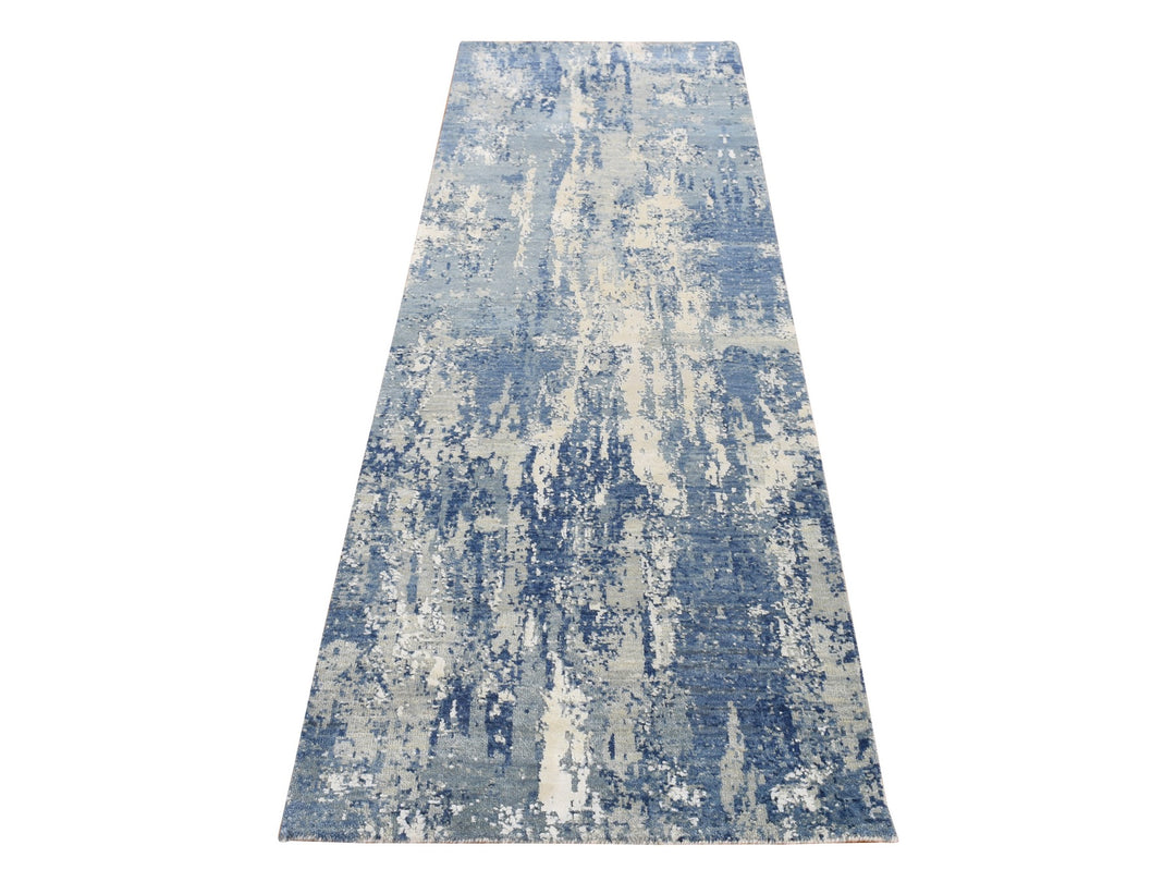 2'6" x 8'3" New Hand Knotted Blue Wool & Silk Runner Oriental Rug - MOA10287230