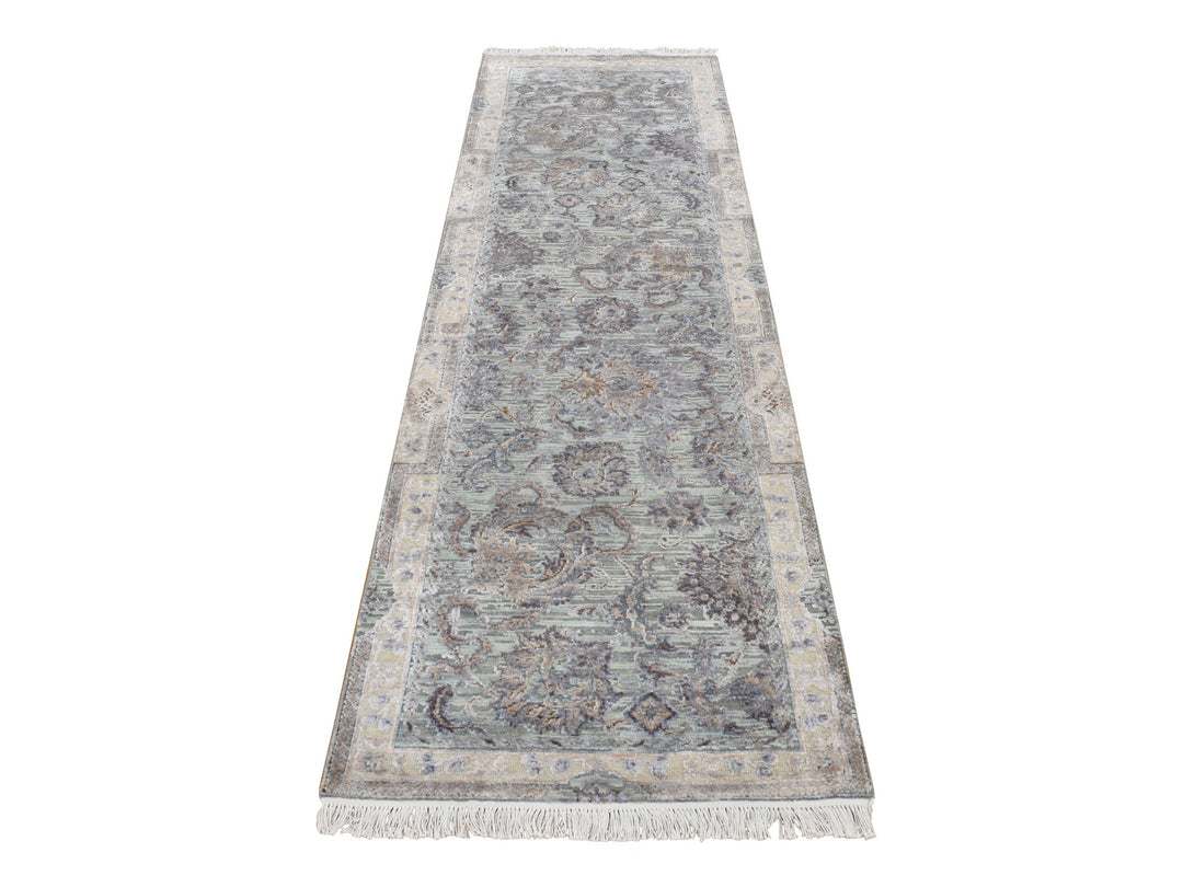 2'5" x 8'1" New Hand Knotted Green Wool & Silk Runner Oriental Rug - MOA10287232