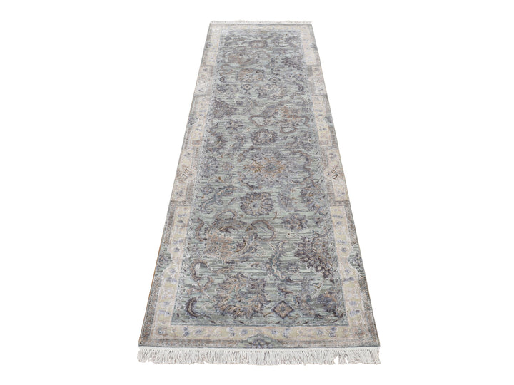 2'5" x 8'1" New Hand Knotted Green Wool & Silk Runner Oriental Rug - MOA10287232