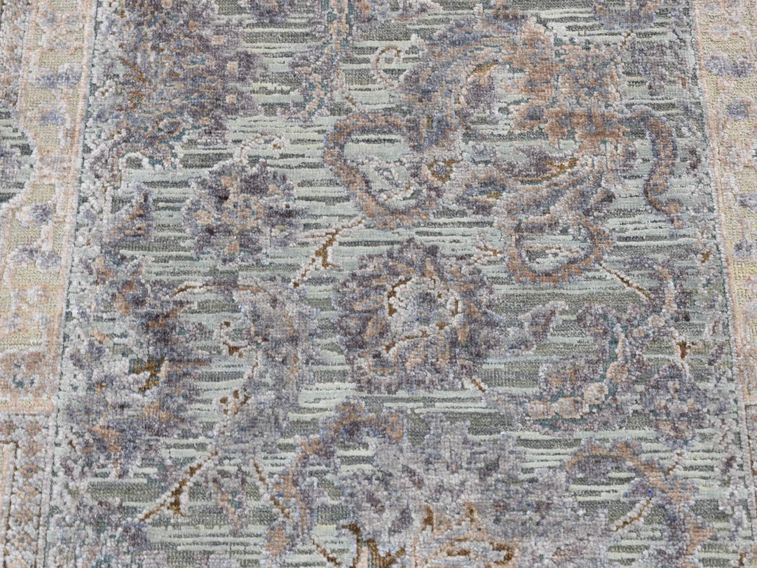 2'5" x 8'1" New Hand Knotted Green Wool & Silk Runner Oriental Rug - MOA10287232