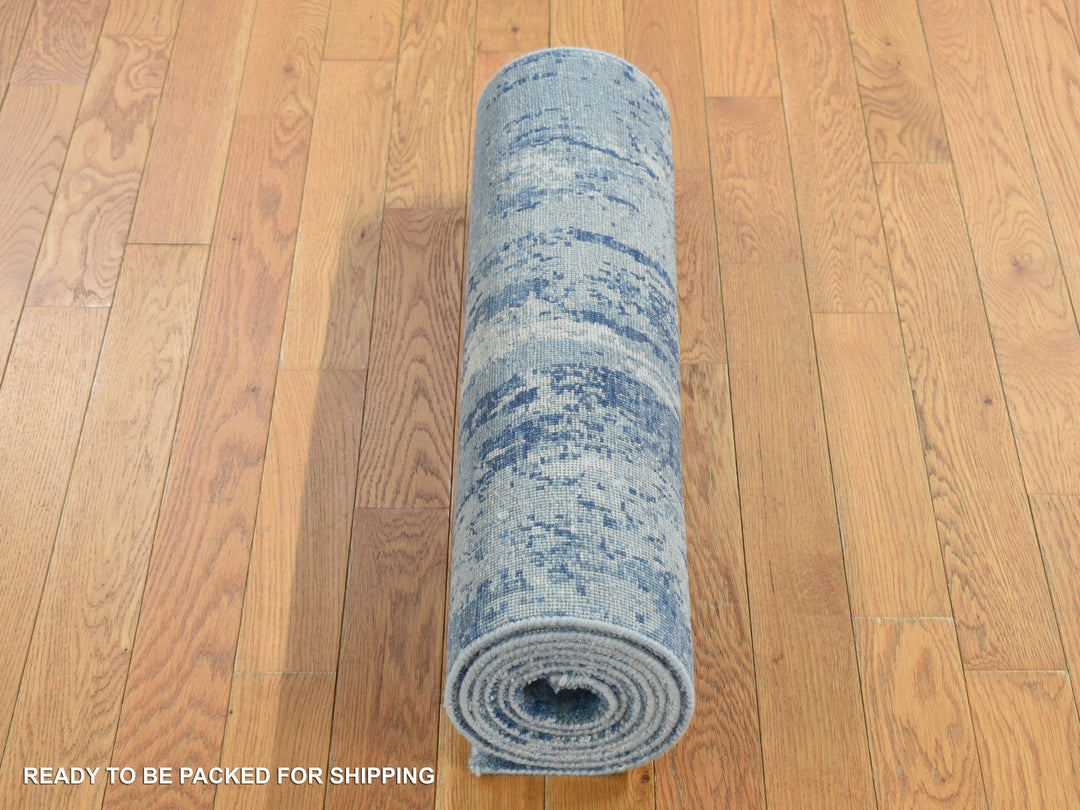 2'6" x 8'1" New Hand Knotted Blue Wool & Silk Runner Oriental Rug - MOA10287235