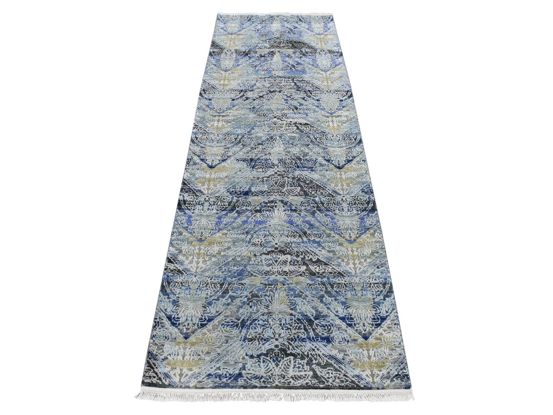2'7" x 8'3" New Hand Knotted Blue Wool & Silk Runner Oriental Rug - MOA10287238