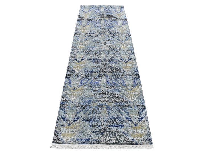 2'7" x 8'3" New Hand Knotted Blue Wool & Silk Runner Oriental Rug - MOA10287238