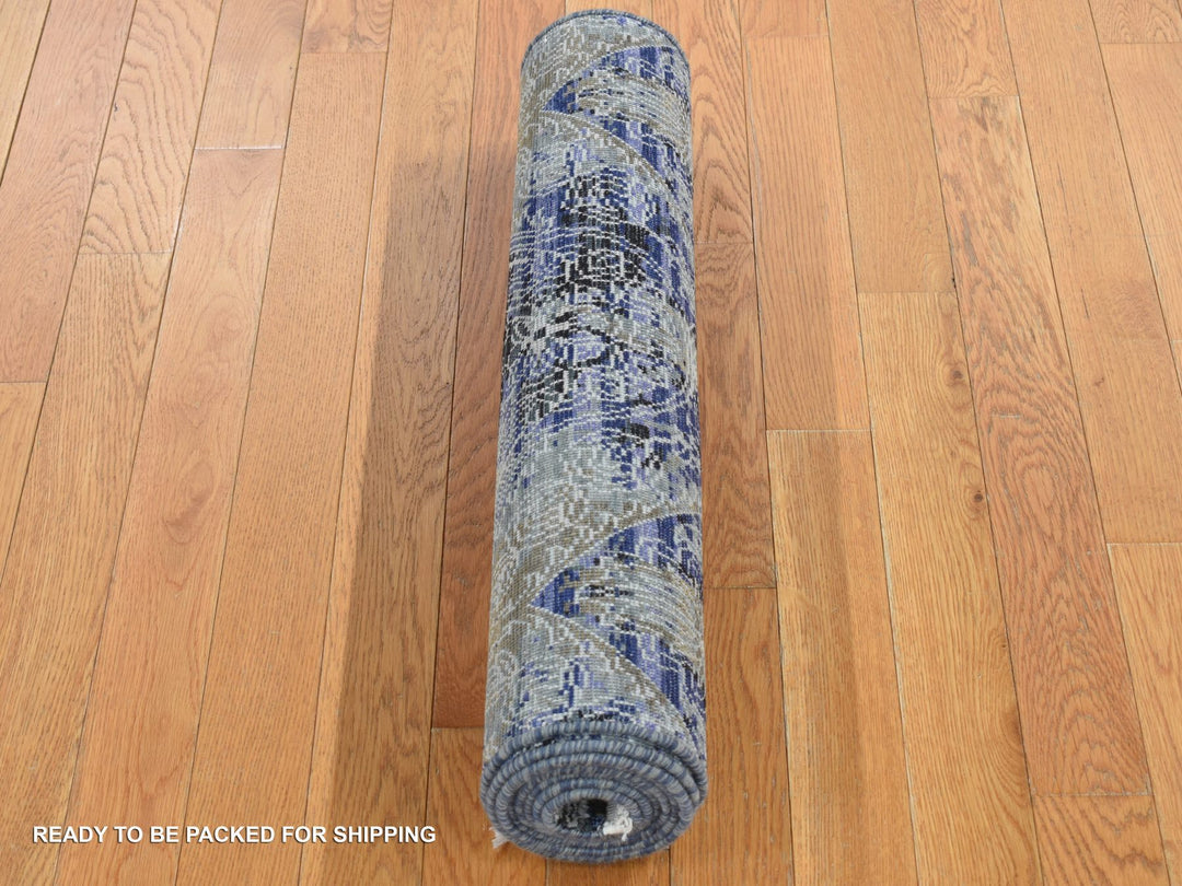 2'7" x 8'3" New Hand Knotted Blue Wool & Silk Runner Oriental Rug - MOA10287238