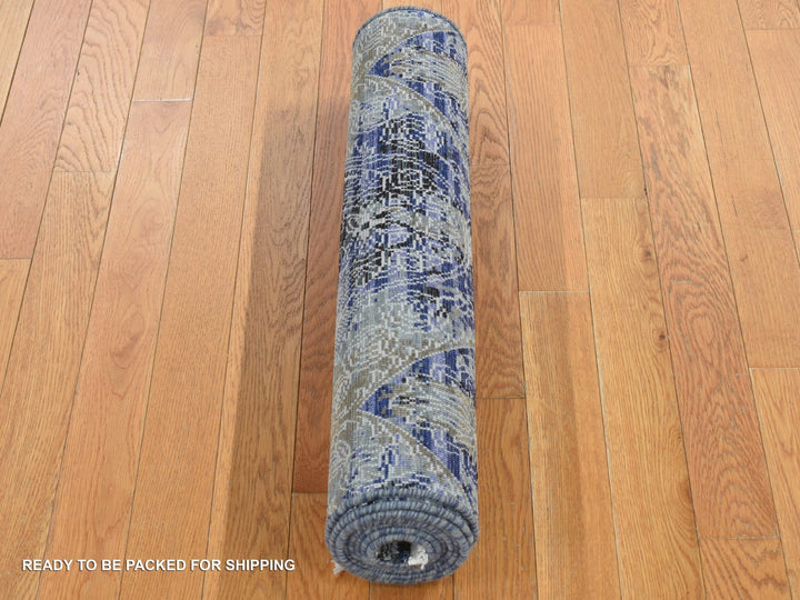 2'7" x 8'3" New Hand Knotted Blue Wool & Silk Runner Oriental Rug - MOA10287238