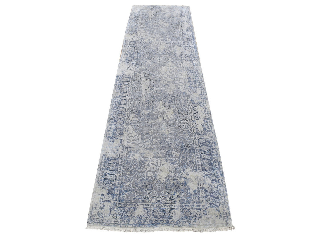 2'5" x 10'0" New Hand Knotted Grey Wool & Pure Silk Runner Oriental Rug - MOA10287240