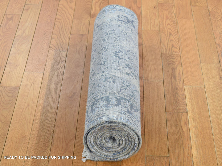 2'5" x 10'0" New Hand Knotted Grey Wool & Pure Silk Runner Oriental Rug - MOA10287240