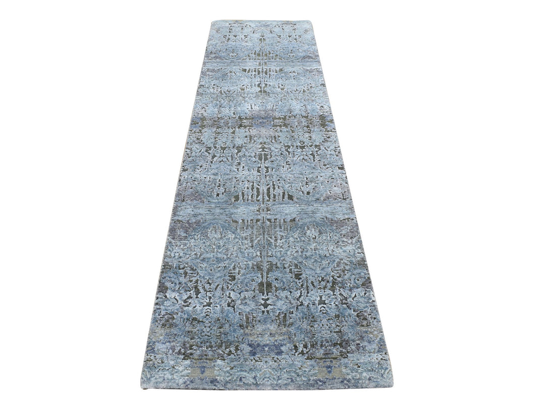 2'6" x 10'0" New Hand Knotted Grey Wool & Silk Runner Oriental Rug - MOA10287242