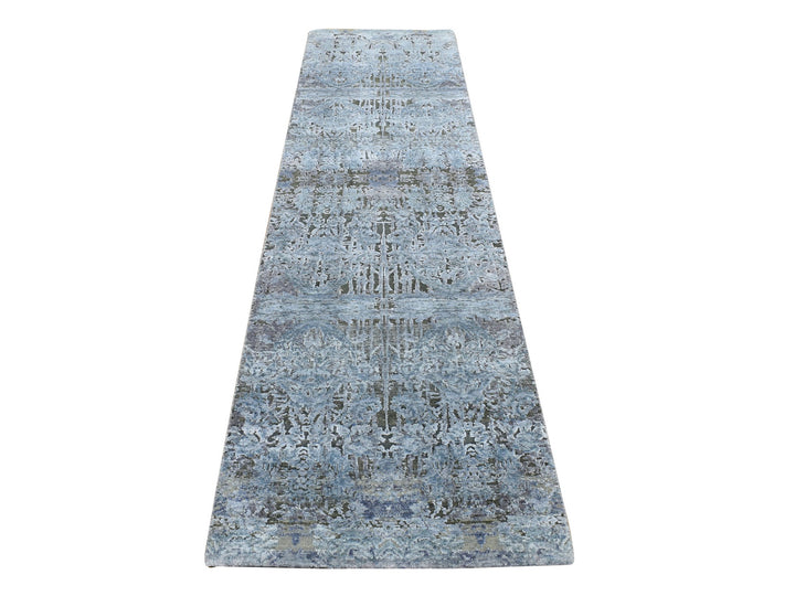 2'6" x 10'0" New Hand Knotted Grey Wool & Silk Runner Oriental Rug - MOA10287242