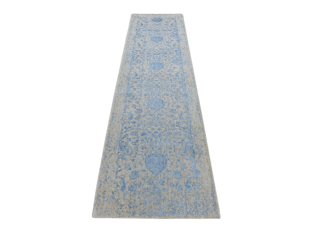2'5" x 10'1" New Hand Loomed Blue Wool & Art Silk Runner Oriental Rug - MOA10287247