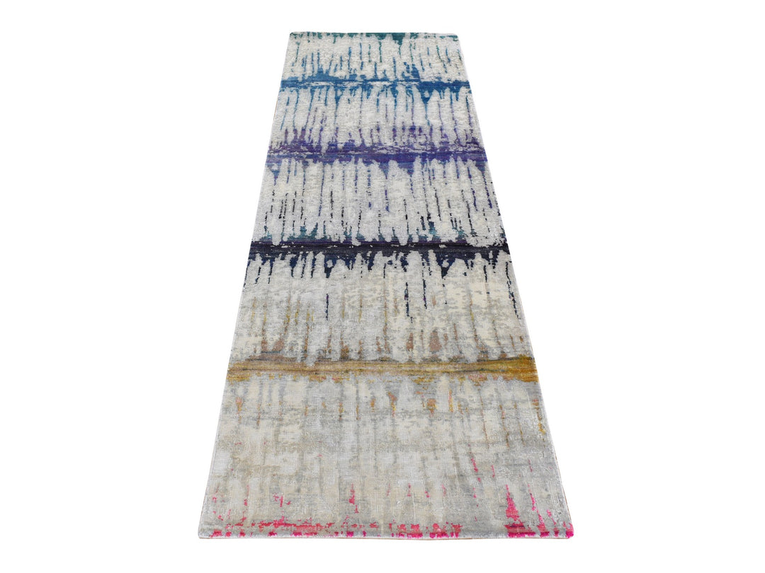2'5" x 8'0" New Hand Knotted Grey Wool & Silk Runner Oriental Rug - MOA10287248
