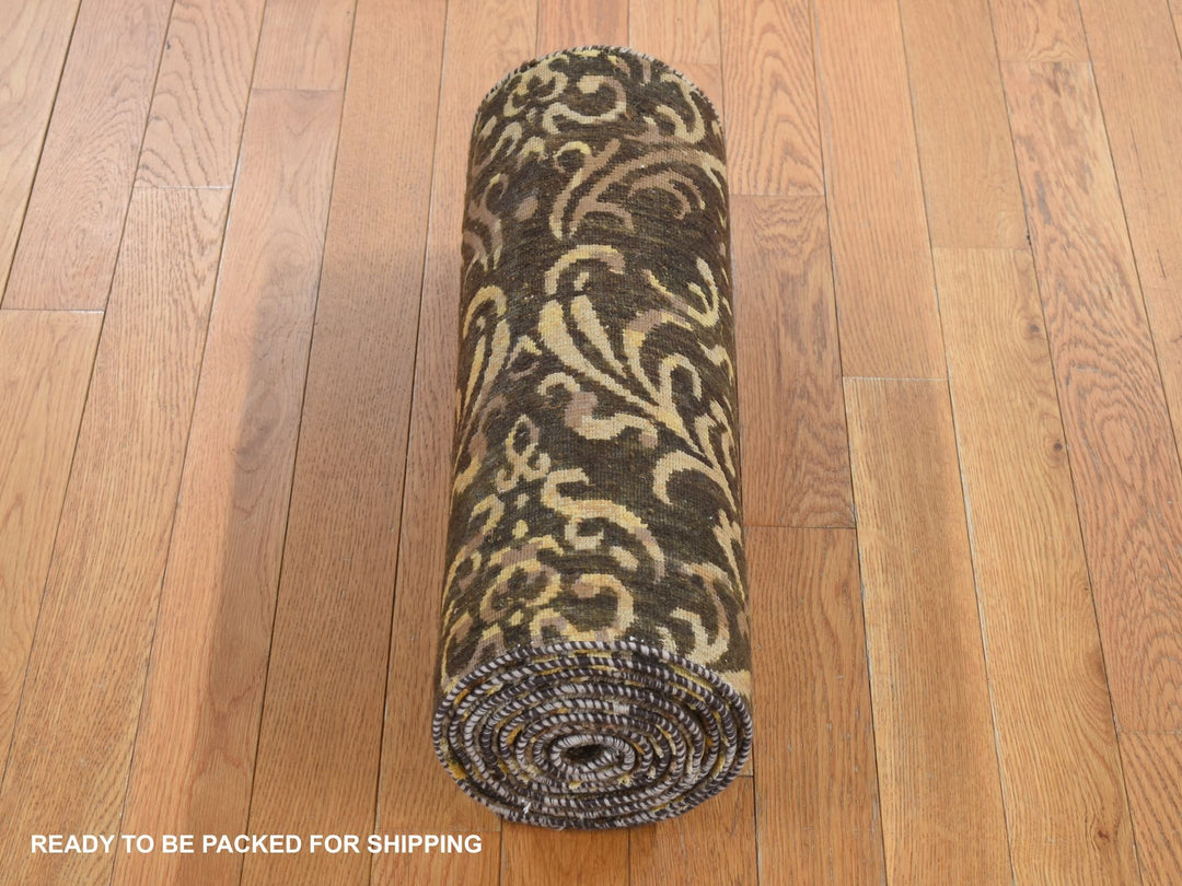 2'0" x 9'10" New Hand Knotted Brown Wool & Silk Runner Oriental Rug - MOA10287252