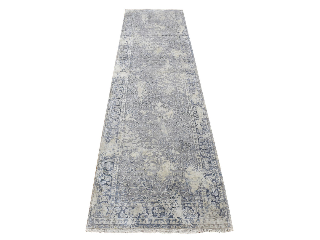 2'6" x 9'10" New Hand Knotted Grey Wool & Silk Runner Oriental Rug - MOA10287254