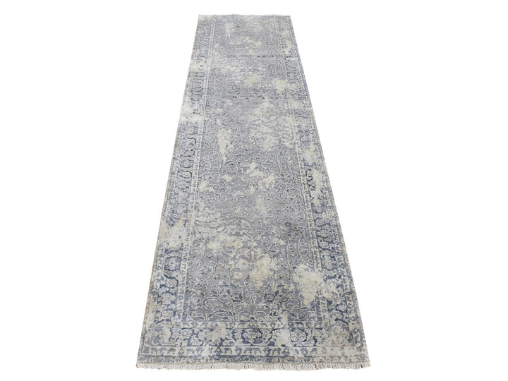2'6" x 9'10" New Hand Knotted Grey Wool & Silk Runner Oriental Rug - MOA10287254