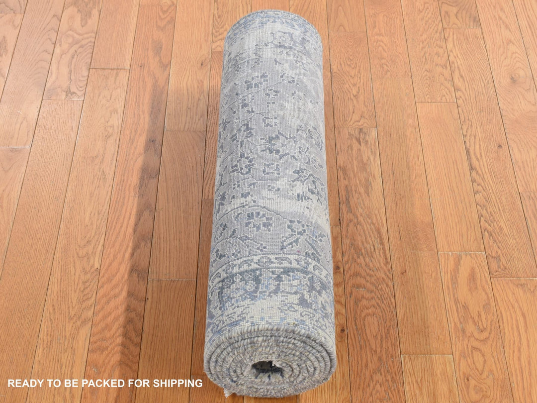 2'6" x 9'10" New Hand Knotted Grey Wool & Silk Runner Oriental Rug - MOA10287254