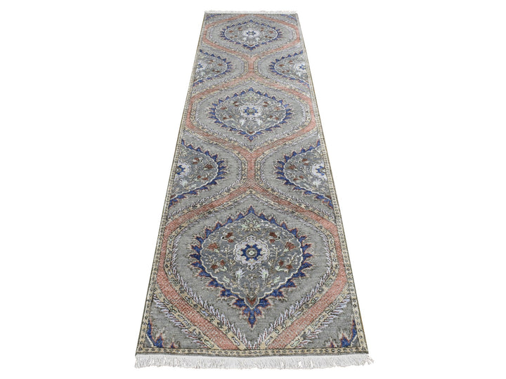 2'6" x 10'0" New Hand Knotted Grey Wool & Silk Runner Oriental Rug - MOA10287256