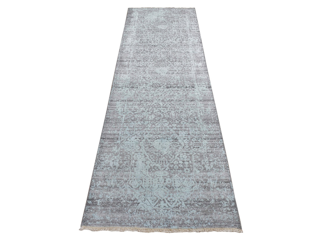 2'7" x 9'9" New Hand Knotted Green Wool & Silk Runner Oriental Rug - MOA10287258