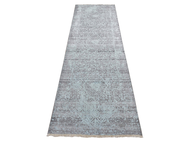 2'7" x 9'9" New Hand Knotted Green Wool & Silk Runner Oriental Rug - MOA10287258