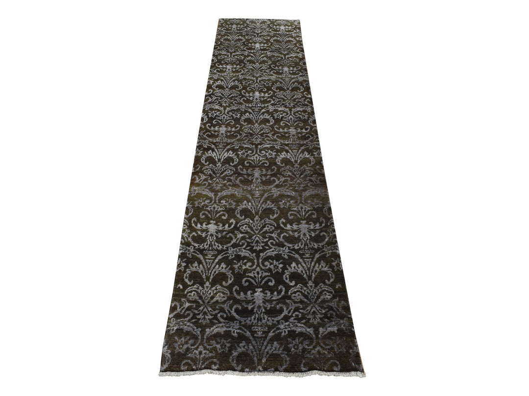 2'4" x 9'8" New Hand Knotted Green Wool & Silk Runner Oriental Rug - MOA10287261