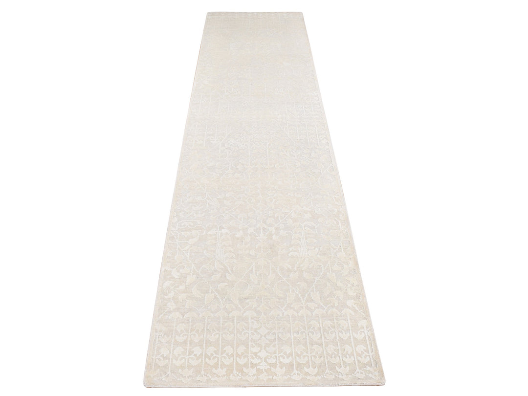 2'6" x 10'1" New Hand Knotted Ivory Wool & Silk Runner Oriental Rug - MOA10287262