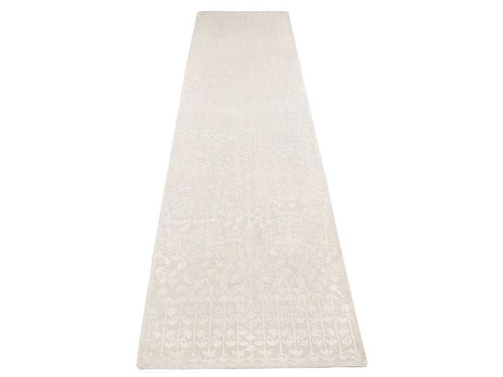 2'6" x 10'1" New Hand Knotted Ivory Wool & Silk Runner Oriental Rug - MOA10287262