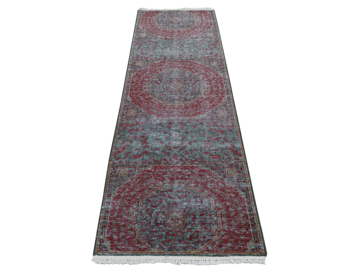 2'6" x 9'10" New Hand Knotted Green Worn Wool Runner Oriental Rug - MOA10287265